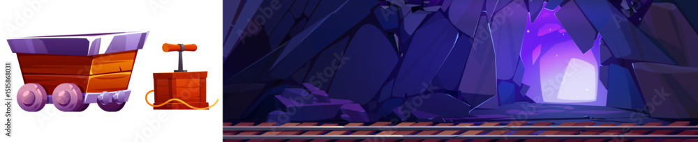 Poster mine tunnel with cart and detonator box - dark underground cavern with railway tracks leading into g