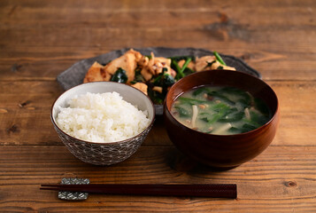 一汁一菜　鶏もも肉とほうれん草の甘辛炒め