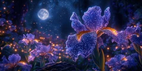 Magical scene with glowing iris flowers under a full moon in a dark, enchanted setting. Creates a dreamy fantasy atmosphere, perfect for mystical, ethereal, and artistic design projects and wallpapers
