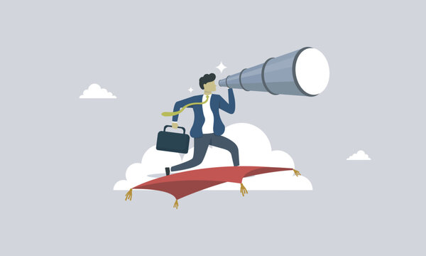 Man using monocular and riding carpet to looking for job or work. looking for hired. looking for inspiration. to the future. never giveup. always searching opportunity.