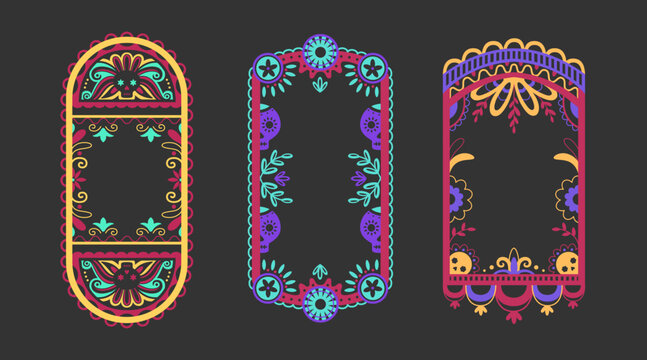 Vibrant Mexican decorative frame borders on dark background. Traditional papel picado style with colorful floral patterns, skulls. Festive ornamental rectangles for celebration design elements.