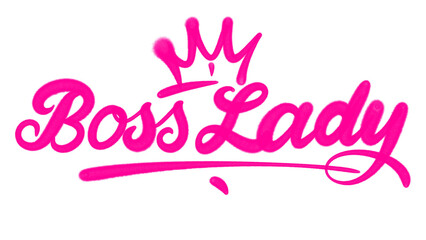 Graffiti tag of the phrase "BOSS LADY" in bold pink spray paint style. Urban street art on transparent background, perfect for female empowerment,confident attitude, hip hop, and modern digital design