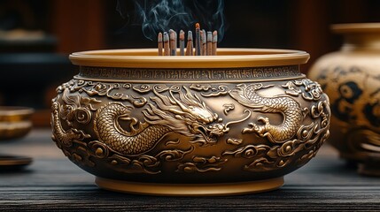 Ornate Dragon Incense Burner with Burning Incense Sticks