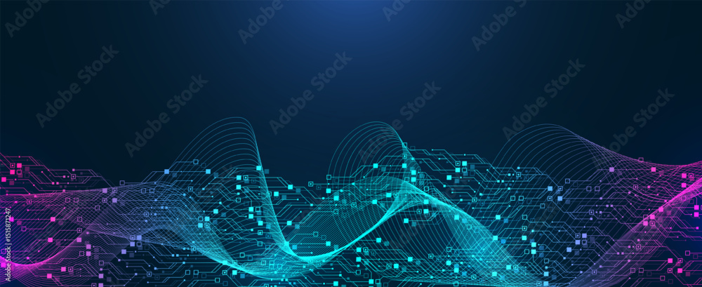 Poster Artificial Intelligence or machine learning vector design. Quantum computer technology concept with circuit board and motherboard texture background design. Waves flow quantum explosion