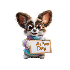 Adorable Papillon Puppy in Sweater Holding "My First Day" Sign