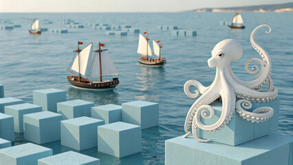 White Octopus Figurine Amidst Cubes and Sailing Ships at Sea