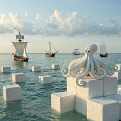 White Octopus Figurine Amidst Cubes and Sailing Ships at Sea
