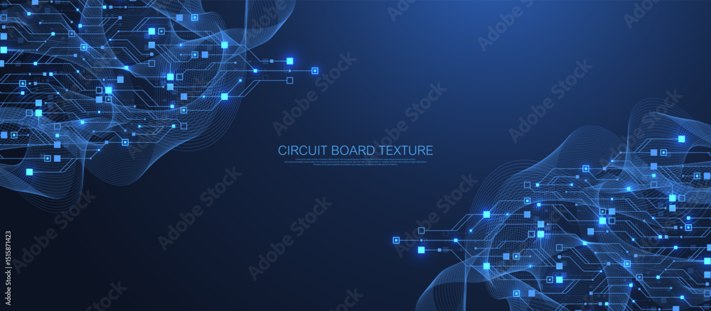 Poster Artificial Intelligence or machine learning vector design. Quantum computer technology concept with circuit board and motherboard texture background design. Waves flow quantum explosion