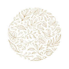 Decorative circle made of autumn leaves and berries in warm golden line art. Vector illustration for rustic design, cozy branding, seasonal decor, and eco stationery. Editable vector file.