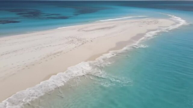 Beautiful beach view with clean white sand and blue ocean. There are waves hitting the rocks on the beach.  Generative AI.
