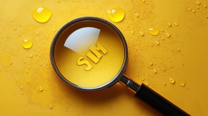 Magnifying Glass on Yellow Background with SIM Card, Water Drops