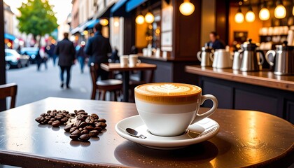 Fototapeta premium Enjoy a Latte in a Parisian Cafe Coffee, City Life, and European Charm