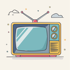 A chunky vintage CRT television with antenna and dials, drawn in muted 70s colors. Centered on a pale background with bold outlines and retro style