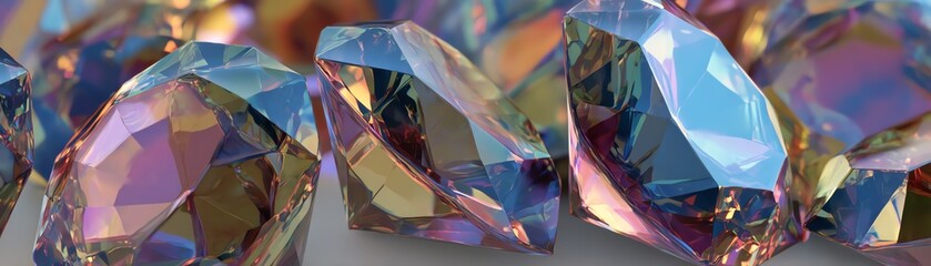 Colorful gemstones with reflective surfaces, white isolate background