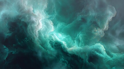 Abstract cloud formations with hues of green and blue, atmospheric and mesmerizing.
