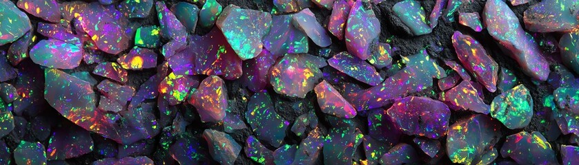 Colorful opal stones with a sparkling iridescence on a dark background.