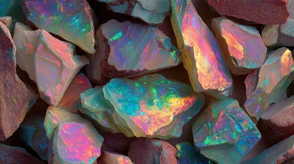 Colorful opal gemstones with glossy surfaces, white isolate background.