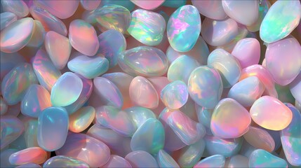 Colorful opal stones with a smooth surface, sparkling in various shades.