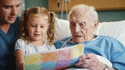 Handheld shot of little Caucasian girl, her father and sick grandfather looking at drawing during visit in hospital room - Powered by Adobe