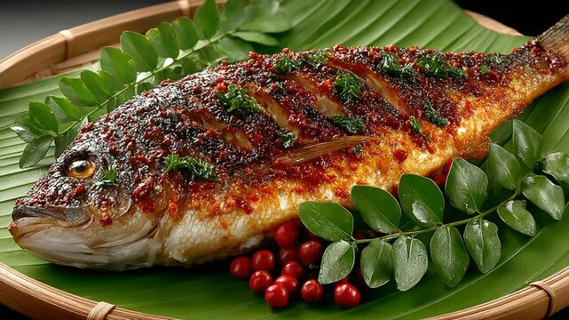 Delicious and spicy fish fry presentation with curry leaves and berry garnish on banana leaf