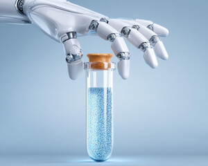 Robotic hand carefully holds test tube with blue liquid symbolizing medical innovation and ai technology advancing healthcare research