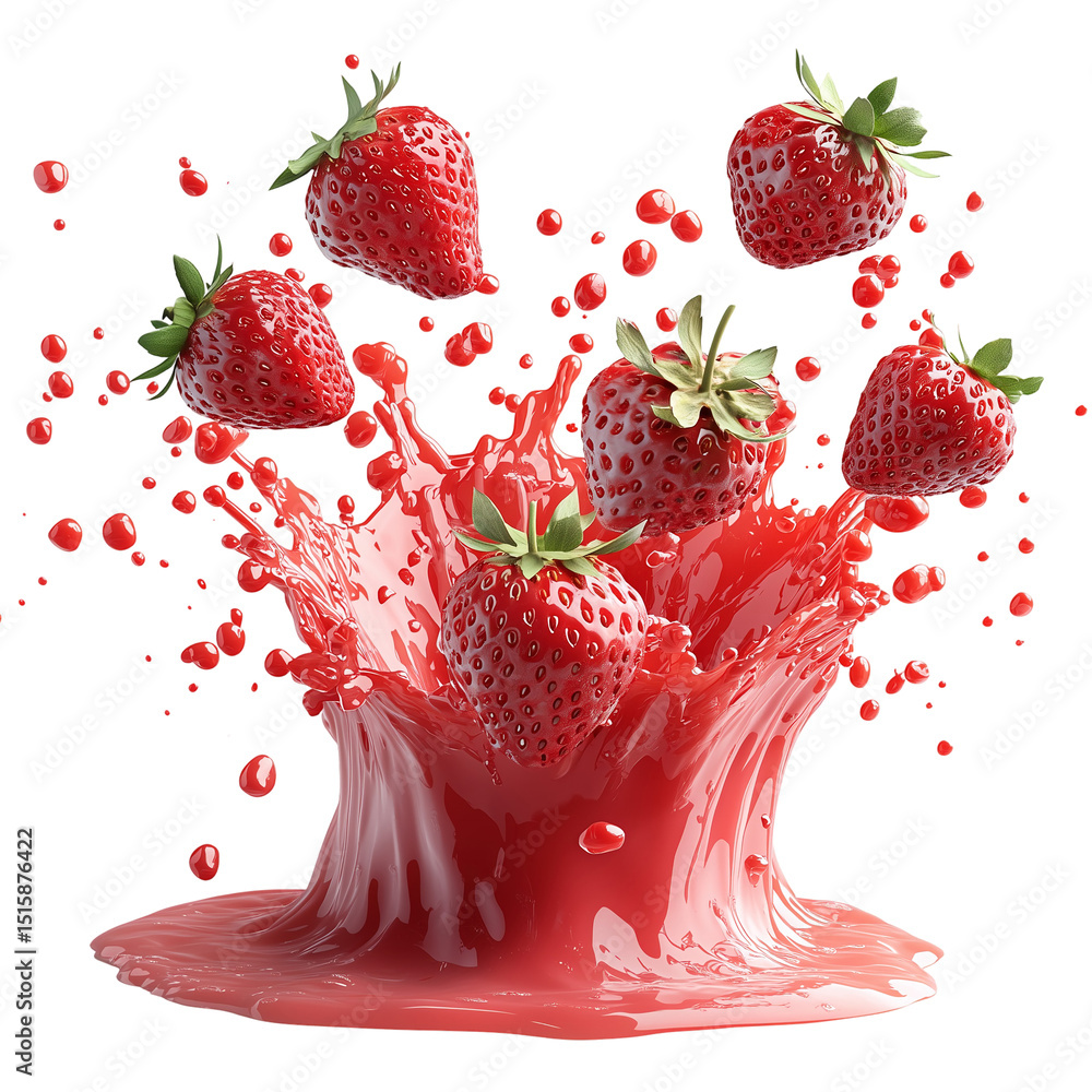 Poster fresh strawberries splashing in juice for a refreshing summer treat isolated on transparent backgrou
