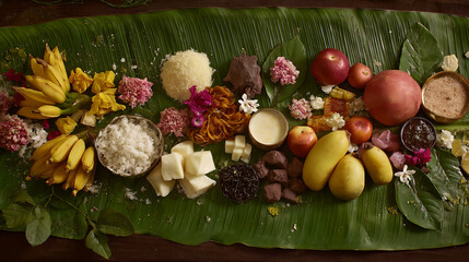 A photo of offerings on a banana leaf, complete with sweets and fruits. AI generated images.