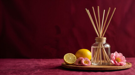 
A vase with a lemon and a bunch of sticks in it
