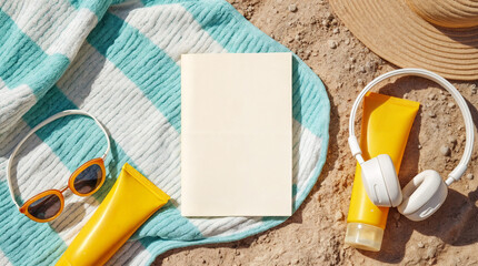 A book is on a towel next to a bottle of sunscreen and a bottle of lotion
