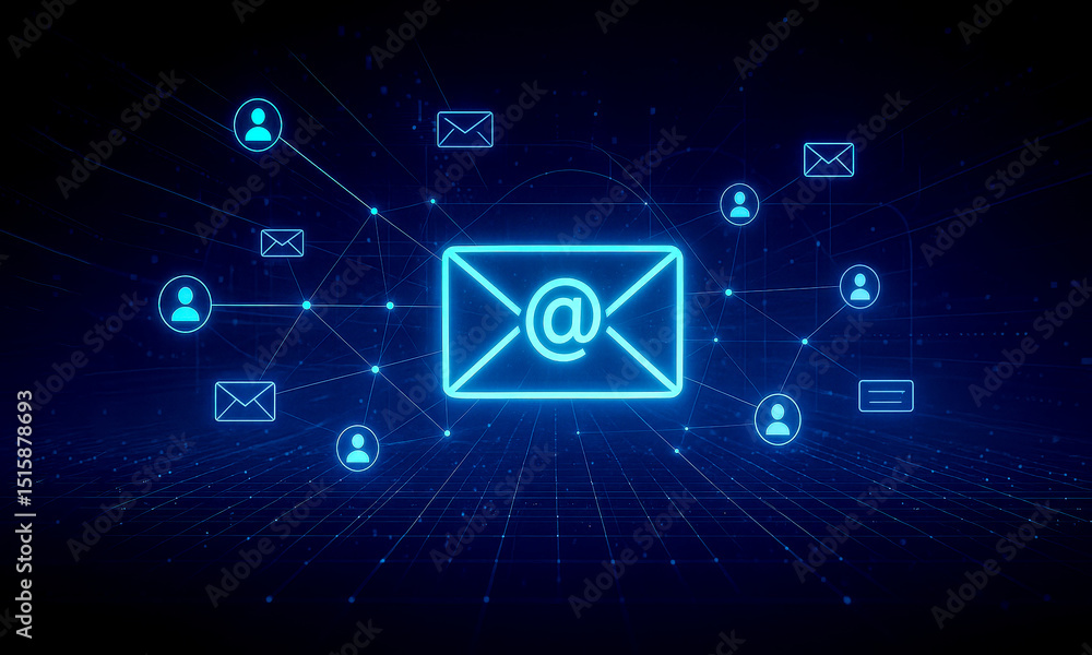 Aufkleber blue neon email network concept, glowing envelope icon connected by lines with user profile icons on