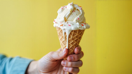 A person holding an ice cream cone with a drizzle of chocolate sauce on top