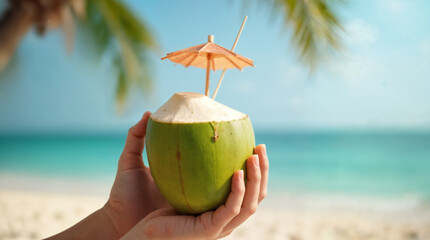A person is holding a green coconut with a straw in it