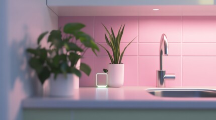 Modern kitchen with plants and smart device