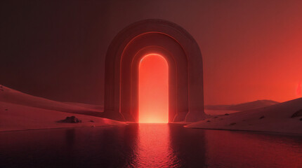 A red archway is in the middle of a desert