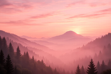 Obraz premium Beautiful pink sunrise over mountain range with misty pine forest, natural landscape scenery, tranquil morning light, travel nature inspiration, peaceful wilderness