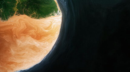 Aerial view of a river delta meeting the ocean, with swirling sediment and lush green coastline.