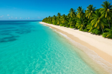 Fototapeta premium Sunny tropical beach panoramic blue sea palm coastline travel destination summer vacation background relaxation nature landscape paradise resort concept