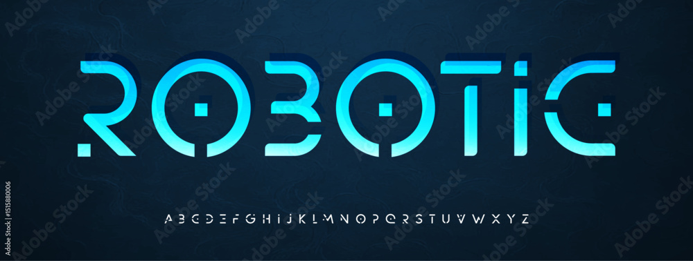 Poster robotic cyber font, futuristic techno alphabet, geometric sci-fi typeface with digital gaming feel, 