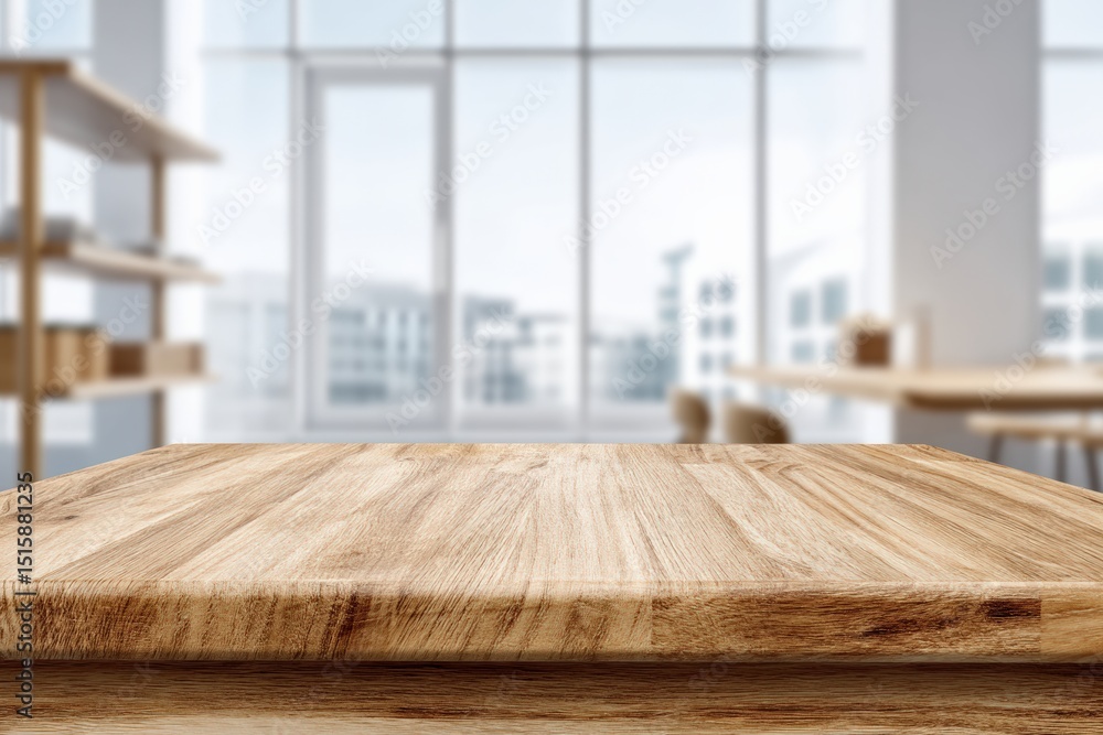 Aufkleber Empty wooden tabletop counter is ready for product display or montage in modern bright interior with large windows