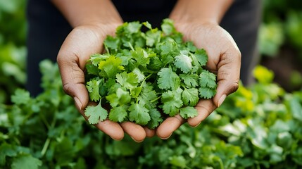 Freshly Harvested Cilantro Held in Hands A Close Up of Lush Green Cilantro Leaves