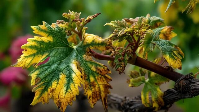 Close-up of grapevine leaves exhibiting symptoms of plant disease, evident in yellowed and distorted patterns, and small galls on the underside.