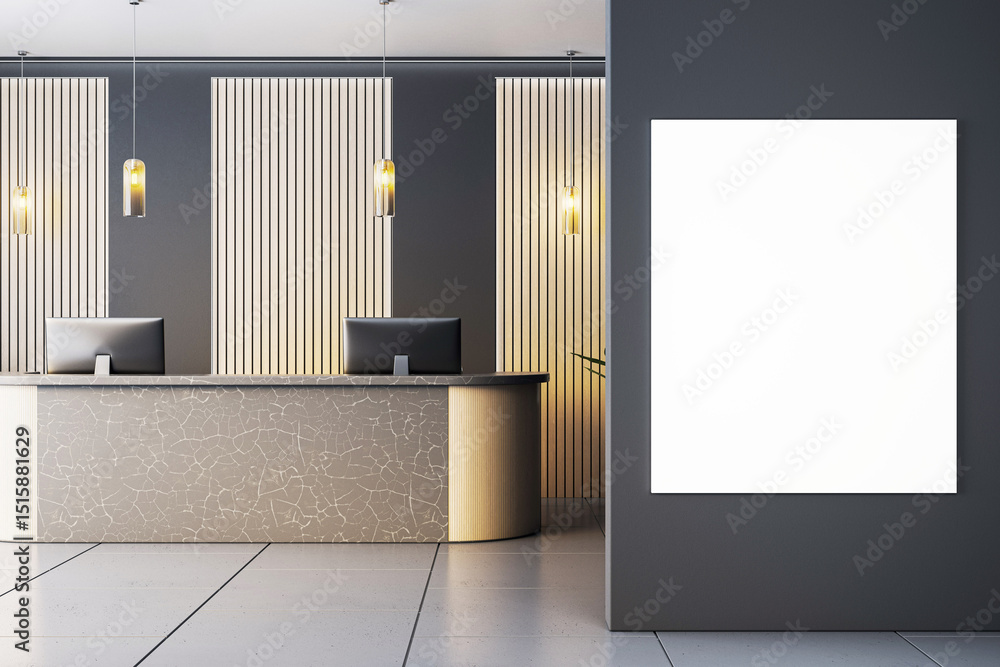 Poster modern office reception interior with luxury desk and vertical mockup canvas on dark wall for corpor