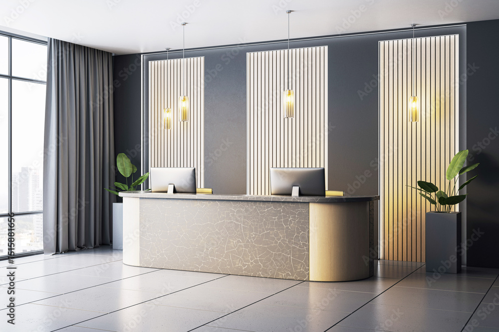 Poster Modern corporate reception desk area with computers and decorative lighting in a luxury office interior with large windows and city background view. 3D Rendering
