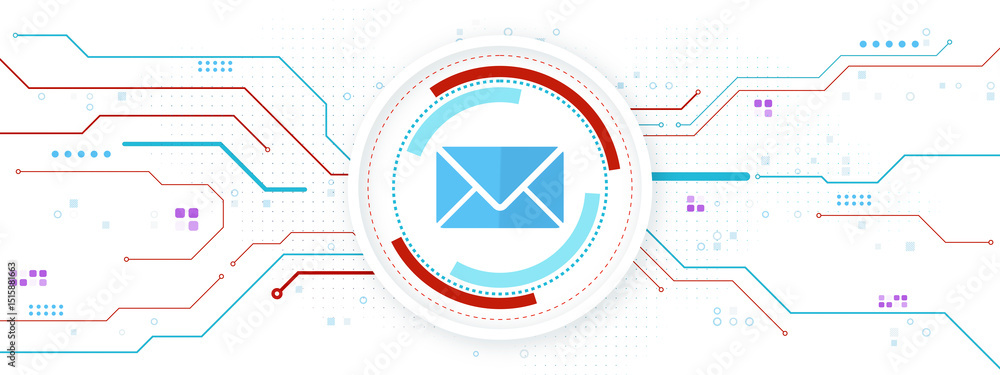 Leinwandbilder Digital email envelope icon in futuristic blue and red interface concept on light background representing online communication and technology. 3D Rendering