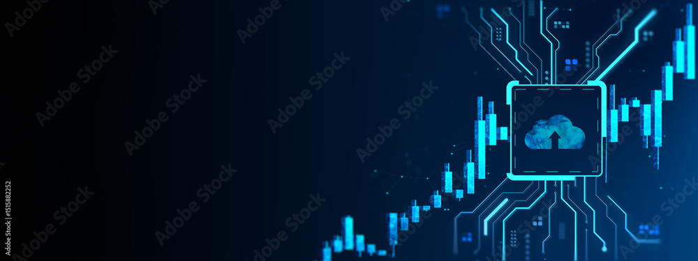 Poster Cloud computing upload icon with digital circuit lines and candlestick chart on futuristic tech background illustrating data growth concept. 3D Rendering