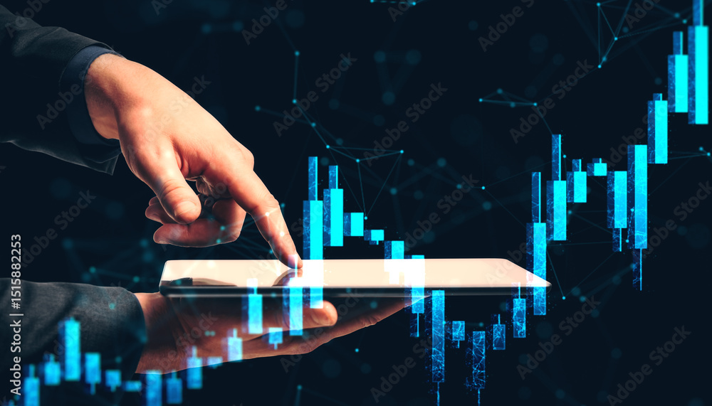Poster Businessperson analyzing financial market data on tablet with glowing stock chart graphics on dark digital background in futuristic business concept.