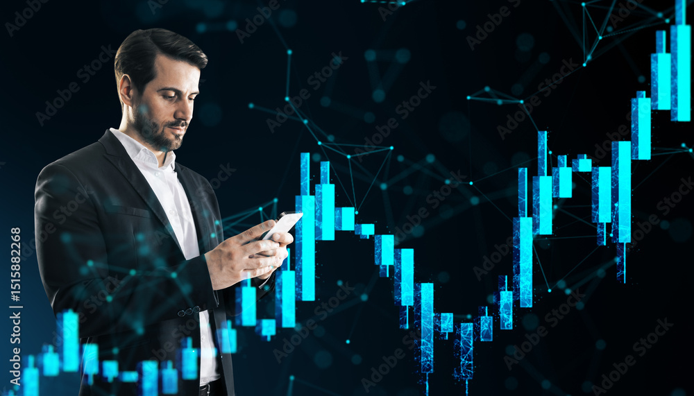Fototapete Businessman using smartphone with glowing financial chart and data analysis graphics on dark abstract background representing digital stock market concept.