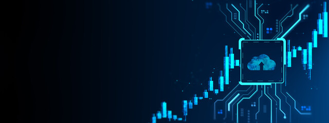 Cloud computing upload icon with digital circuit lines and candlestick chart on futuristic tech background illustrating data growth concept. 3D Rendering