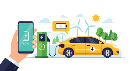 Adobe Illustrator Artwork Modern flat vector illustration depicting an electric car charging with a smartphone showing battery status, powered by wind turbines and sun. Highlights smart, green energy