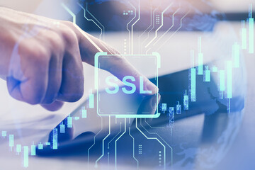 Person using tablet with SSL security concept and financial chart overlay on light background, representing online data protection and stock market analysis.